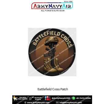 Battlefield Cross Memorial round printed patch featuring the iconic battlefield cross with combat rifle, military helmet and combat boots, brown tactical background, black outer ring with Battlefield Cross title, premium digital twill finish with black me