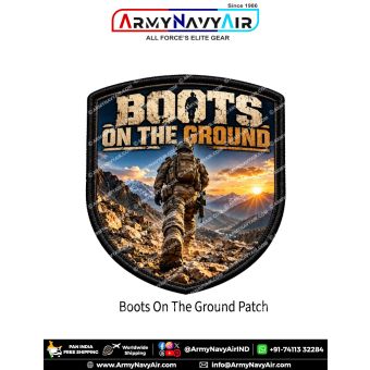 Boots on the Ground military soldier shield patch showing a tactical soldier walking through rocky mountains at sunset with a black merrow border