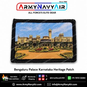 Bengaluru Palace Karnataka Heritage Patch featuring the iconic Bangalore Palace architectural landmark with blue sky background and black merrow border tourism souvenir velcro patch by ArmyNavyAir