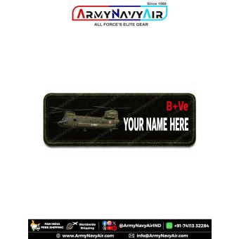 CH-47 Chinook Personalized Flight Crew Name Plate featuring the heavy-lift tandem rotor helicopter with custom name and optional blood group digitally printed on premium fabric with olive green merrow border for flight suits, military uniforms, tactical b