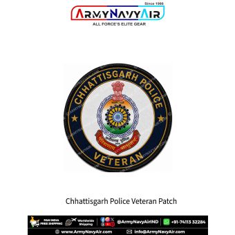 Chhattisgarh Police Veteran Patch featuring Chhattisgarh Police insignia in navy blue round veteran badge with gold lettering, white centre and black merrow border