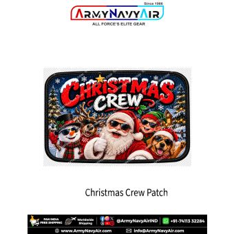 Christmas Crew Santa and Friends rectangular patch featuring Santa Claus, snowman, reindeer, elf and dog wearing sunglasses in a snowy Christmas scene with black border
