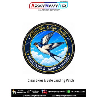 Clear Skies & Safe Landing Aviation Good Luck Patch featuring a blue-and-white swallow flying against a bright blue cloudy sky, navy-blue and gold circular design, and black merrow border