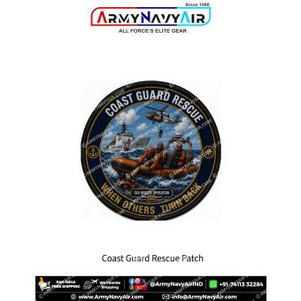 Premium round Coast Guard Rescue fabric patch featuring a dramatic sea rescue operation with a rescue boat recovering a survivor, a Coast Guard helicopter conducting an aerial hoist, a patrol vessel in rough seas, anchor and compass symbols, the centre ba