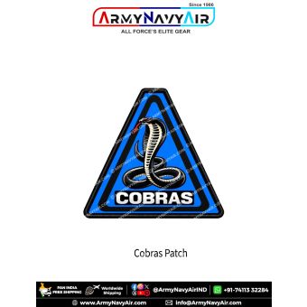 Cobras Cobra Snake Tactical Morale Patch featuring a raised black cobra with expanded hood, red forked tongue and coiled body on a bright blue triangular background with bold white COBRAS lettering and black merrow border