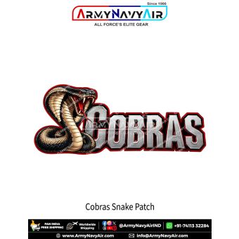 Cobras Snake Morale Patch featuring a dramatic black and golden-beige hooded cobra with detailed scales, coiled body, expanded neck hood, piercing red eyes, open red mouth, sharp curved fangs and forked tongue beside large metallic silver-style COBRAS let