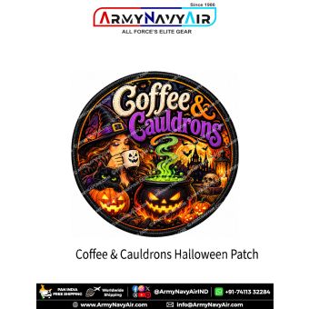 Round Coffee & Cauldrons Halloween Witch Patch showing a witch drinking from a pumpkin coffee mug, black cat, glowing jack-o'-lanterns and bubbling green cauldron beneath a full moon.