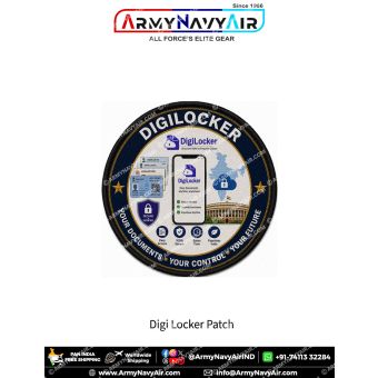 Premium round DigiLocker fabric patch featuring the official DigiLocker logo, smartphone displaying secure digital documents, Aadhaar Card, PAN Card, Driving Licence, Vehicle Registration Certificate, secure cloud storage, Parliament building, Digital Ind