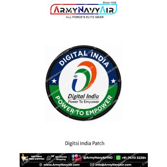 Premium round Digital India fabric patch featuring the iconic tricolour Digital India logo with wireless connectivity symbol, the slogan Power To Empower, blue and green outer ring, white centre background, and durable black merrow border representing Ind