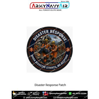 Premium round Disaster Response fabric patch featuring emergency rescue personnel carrying an injured survivor through collapsed buildings, search and rescue teams operating in earthquake rubble, a rescue helicopter performing aerial evacuation, emergency