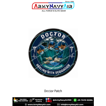 Doctor Healing With Dedication Emergency Operation Patch featuring a surgical team performing a life-saving operation inside a modern operating theatre on a premium digital print fabric patch with black merrow border.