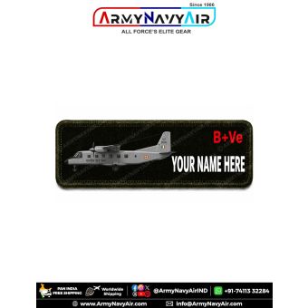 Dornier Do-228 Personalized Flight Crew Name Plate featuring the Indian Air Force Dornier Do-228 utility aircraft with custom name and optional blood group digitally printed on premium fabric with olive green merrow border for flight suits, military unifo