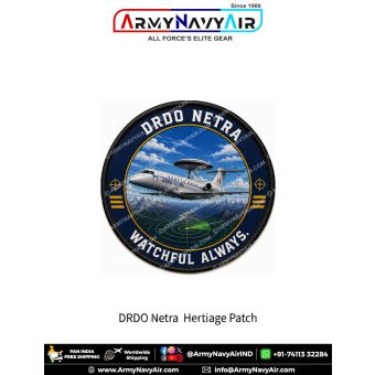 DRDO Netra AEW&C Aircraft Heritage Patch featuring India's indigenous airborne early warning aircraft with radar dome and radar display alongside the slogan "Watchful Always." Premium round aviation fabric patch for Air Force personnel, defence enthusiast
