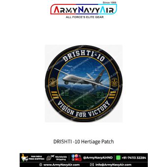 DRDO Drishti-10 UAV Heritage Patch featuring India's advanced Intelligence, Surveillance and Reconnaissance unmanned aerial vehicle with tactical mission display graphics and the slogan "Vision for Victory." Premium round aviation fabric patch for defence