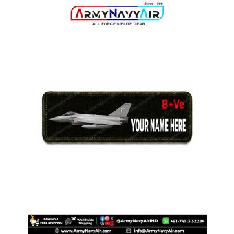 Eurofighter Typhoon Personalized Flight Crew Name Plate featuring the multirole fighter aircraft with custom name and optional blood group digitally printed on premium fabric with olive green merrow border for flight suits, military uniforms, tactical bac