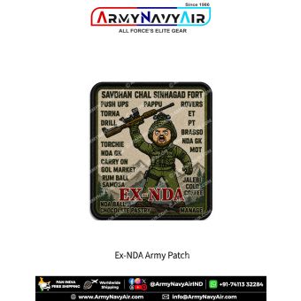 Ex-NDA Army Memories Rectangular Patch featuring cartoon army cadet with nostalgic NDA training phrases