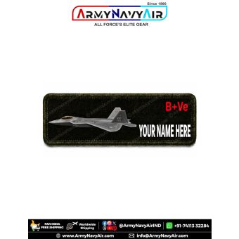 F-22 Raptor Personalized Flight Crew Name Plate featuring the fifth-generation stealth fighter aircraft with custom name and optional blood group digitally printed on premium fabric with olive green merrow border for flight suits, military uniforms, tacti