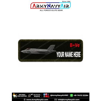 F-35 Lightning II Personalized Flight Crew Name Plate featuring the fifth-generation stealth multirole fighter aircraft with custom name and optional blood group digitally printed on premium fabric with olive green merrow border for flight suits, military