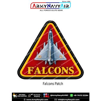 Falcons Fighter Aircraft Aviation Patch featuring a silver-grey delta-wing fighter jet with Indian tricolour roundels on a red triangular background with yellow lettering and black merrow border