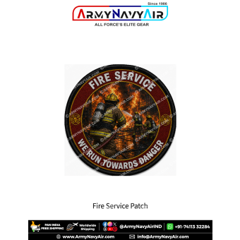 Fire Service premium fabric patch featuring firefighters advancing into a massive fire while battling flames with the motto We Run Towards Danger and a professional black merrow border.