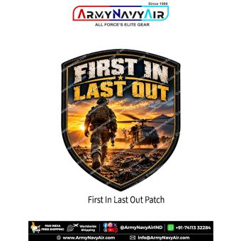 First In Last Out military tactical morale shield patch featuring a soldier walking towards a helicopter at sunset with a black border