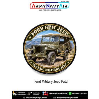 Ford GPW classic military jeep patch showing an olive-drab World War II-style U.S. Army jeep with canvas roof, rugged tyres and mountain scenery