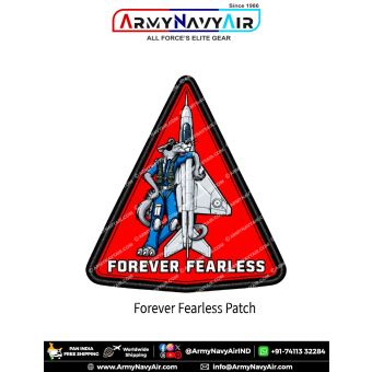 Forever Fearless Fighter Jet Aviation Morale Patch featuring a grey cartoon wolf in a blue flight suit beside a silver fighter jet on a red triangular background with black merrow border