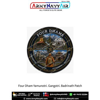 Char Dham Yatra patch featuring Yamunotri Gangotri Kedarnath and Badrinath temples with Om symbol and Himalayan pilgrimage artwork
