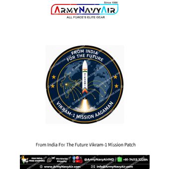 From India For The Future – Vikram-1 Mission Aagaman commemorative round fabric patch featuring the Vikram-1 launch vehicle rising from India with a world map in the background, global orbital trajectories originating from India, the slogan "From India Fo