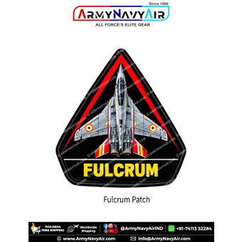 MiG-29 Fulcrum Fighter Aircraft Patch showing a silver-grey twin-engine fighter from above with Indian Air Force-style wing roundels, red-accented tail fins, black triangular background, red outline, bold yellow FULCRUM lettering and thick black merrow bo
