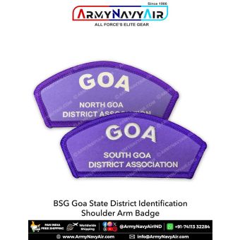 BSG Goa Shoulder Badge with purple merrow border featuring North Goa and South Goa district association identification design available in digital printed and machine embroidery variants for Bharat Scouts and Guides uniforms