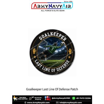 Goalkeeper Last Line Of Defense Patch featuring diving football goalkeeper making a save under stadium lights with football goal and sports theme