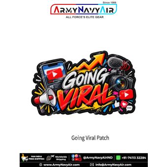 Going Viral Content Creator Patch with bold white and red-orange lettering, rising yellow arrow, smartphone video symbol, camera, furry microphone, megaphone and social media engagement icons in an irregular black-bordered shape