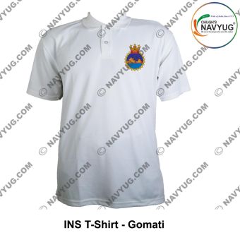 T-Shirt Indian Navy INS Godavari Class | Indian Navy Surface Ship (FRIGATES) T Shirt PC With Collar (White)-INS Gomati (F 21)-Small