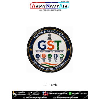 Premium round GST fabric patch featuring the official GST logo beneath the National Emblem of India, icons representing easy compliance, transparent system, economic growth, nation building, and better together, along with the slogan One Nation One Tax On