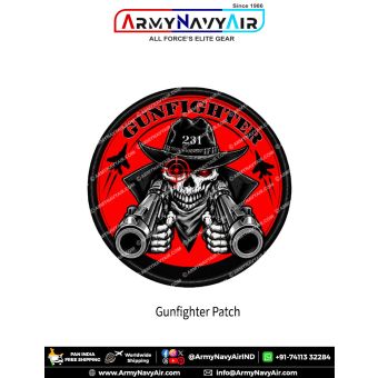 Gunfighter Skull Gunslinger Morale Patch featuring a menacing white skull with glowing red eyes, black cowboy hat marked 231, twin forward-facing revolvers, red crosshair graphic, GUNFIGHTER lettering and black merrow border on a round red background