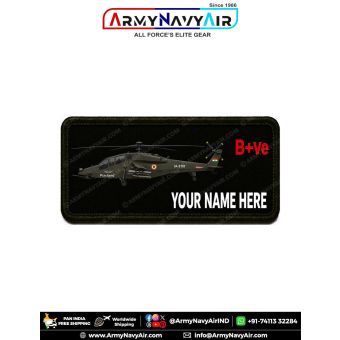 HAL Prachand Personalized Flight Crew Name Plate featuring the indigenous Indian Light Combat Helicopter with custom name and optional blood group digitally printed on premium fabric with olive green merrow border for flight suits, military uniforms, tact