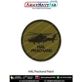 Round olive-drab patch featuring the HAL Prachand Light Combat Helicopter silhouette with black merrow border. Available in 3-inch and 4-inch sizes with Sewn-On, Pin & Velcro (Hook) backing.