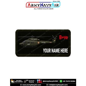 HAL Rudra Personalized Flight Crew Name Plate featuring the armed Indian military helicopter with custom name and optional blood group digitally printed on premium fabric with olive green merrow border for flight suits, military uniforms, tactical backpac