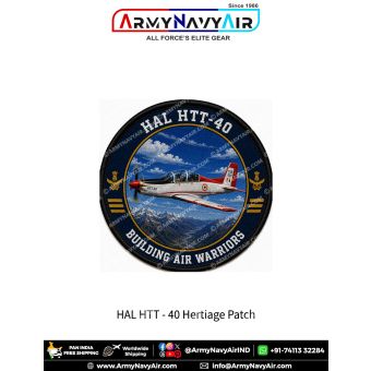 HAL HTT-40 Basic Trainer Aircraft Heritage Patch featuring India's indigenous military trainer aircraft flying over the Himalayas with the slogan "Building Air Warriors." Premium round aviation fabric patch for Indian Air Force personnel, cadets, flight i
