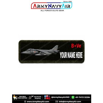 Harrier GR9 Personalized Flight Crew Name Plate featuring the V/STOL strike fighter aircraft with custom name and optional blood group digitally printed on premium fabric with olive green merrow border for flight suits, military uniforms, tactical backpac