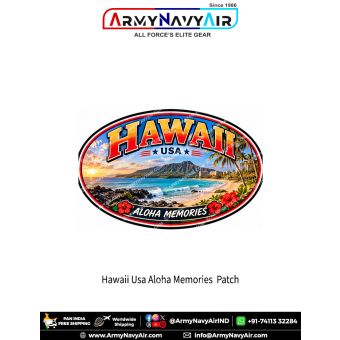 Hawaii Aloha Memories travel souvenir patch with tropical beach, ocean, mountains, palm trees and hibiscus flowers