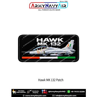 Hawk Mk 132 Advanced Jet Trainer Aircraft Patch featuring a silver-grey Indian aviation-themed Hawk jet in side profile, bold white lettering, black background, tricolour strip and black merrow border