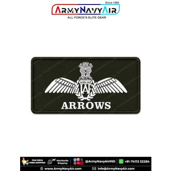 IAF Arrows Patch featuring the Indian Air Force wings emblem and ARROWS unit title on premium digital printed olive green fabric with a stitched merrow border, designed for Indian Air Force aviation enthusiasts, veterans, squadron memorabilia collectors,