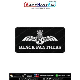 IAF Black Panthers Patch personalized Indian Air Force squadron identification patch featuring IAF wings emblem and Black Panthers squadron title on premium digital printed fabric with black merrow border for flight suits, flying overalls, squadron identi