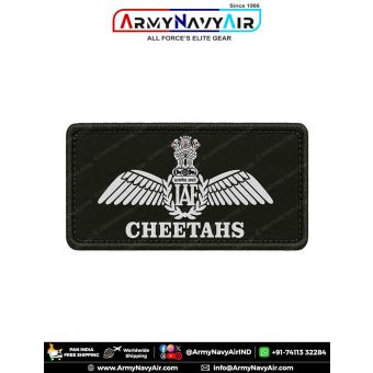 IAF Cheetahs Patch featuring the Indian Air Force wings emblem and CHEETAHS unit identification on military green printed fabric with a stitched border, suitable for flight suits, flying overalls, uniforms, jackets, aviation collections, displays, and Ind