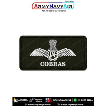 IAF Cobras Patch featuring the Indian Air Force wings emblem and Cobras squadron title on premium digital printed fabric with olive green merrow border, designed as a squadron and unit identification patch for flying overalls, flight suits, aviation unifo