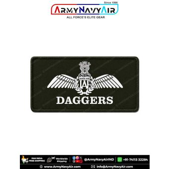 IAF Daggers Patch featuring the Indian Air Force wings emblem and DAGGERS unit designation on premium digital printed olive green fabric with a durable merrow border, representing Indian Air Force squadron aviation heritage and suitable for flight suits,