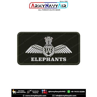 IAF Elephants Patch with Indian Air Force wings emblem and ELEPHANTS unit identification on military green fabric with stitched border, suitable for flight suits, flying overalls, uniforms, jackets, aviation collections, and military memorabilia.
