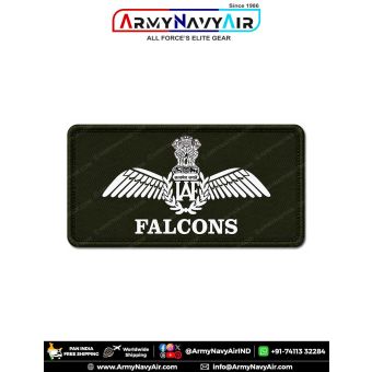 IAF Falcons Patch featuring the Indian Air Force wings emblem and FALCONS squadron title on premium digital printed fabric with olive green merrow border, designed as an Indian Air Force squadron and unit identification patch for flying overalls, flight s